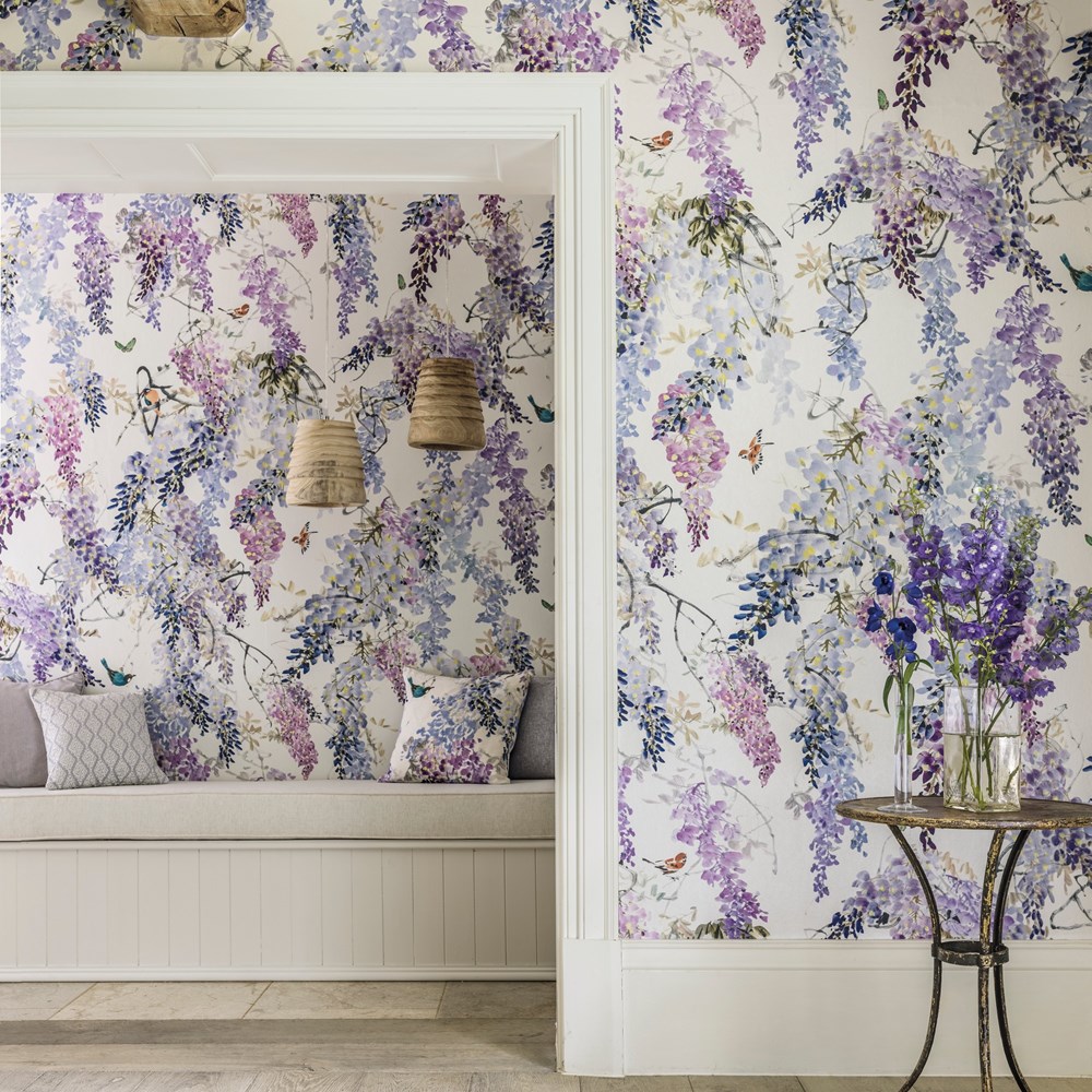 Wisteria Falls Wallpaper Panel B 216297 by Sanderson in Lilac Purple